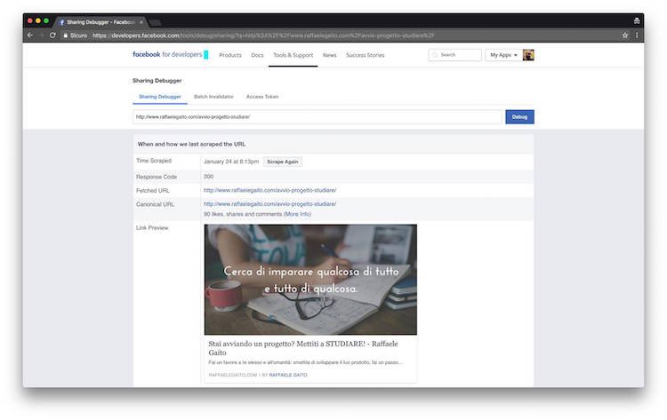 anteprima facebook sharing debugger